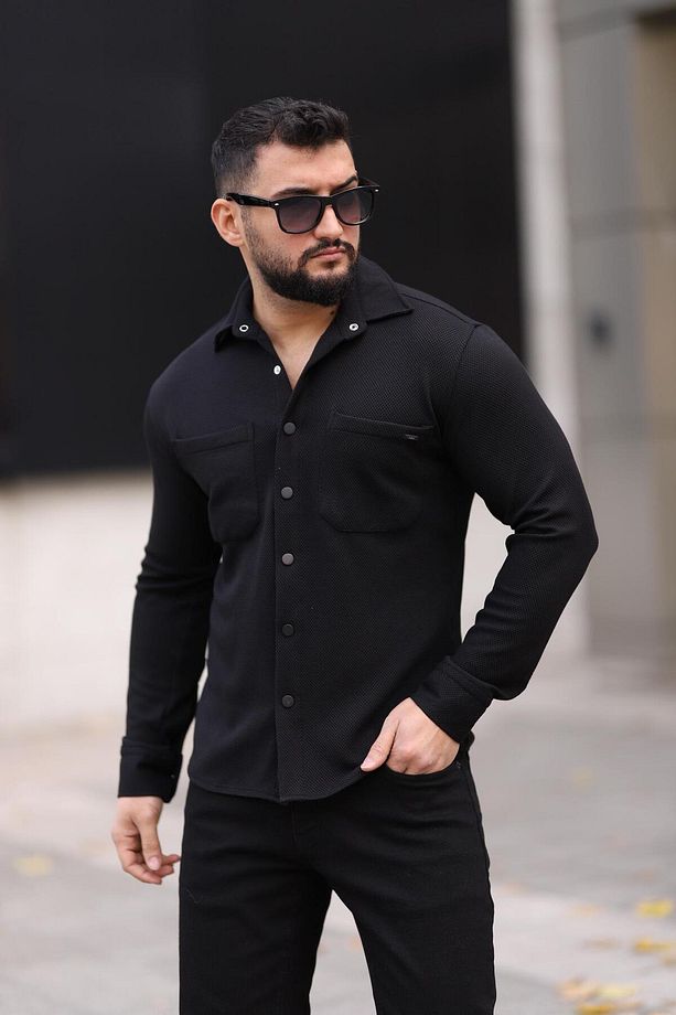 Erkek Siyah Slim Fit Çift Cep Detaylı Örme Gömlek - 2