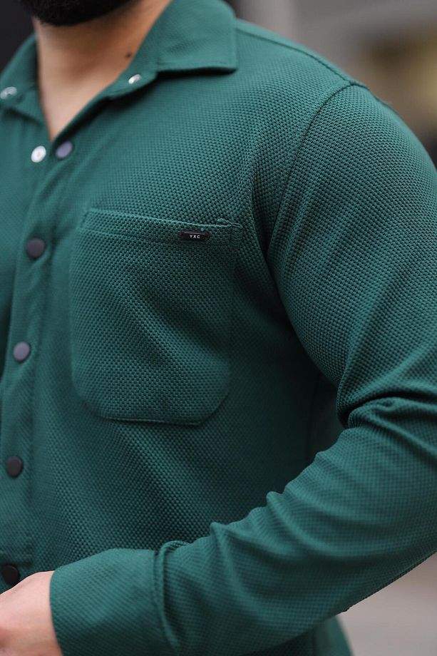 Erkek Yeşil Slim Fit Çift Cep Detaylı Örme Gömlek - 3