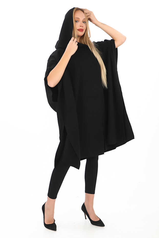 triko kapşonlu panço - 1