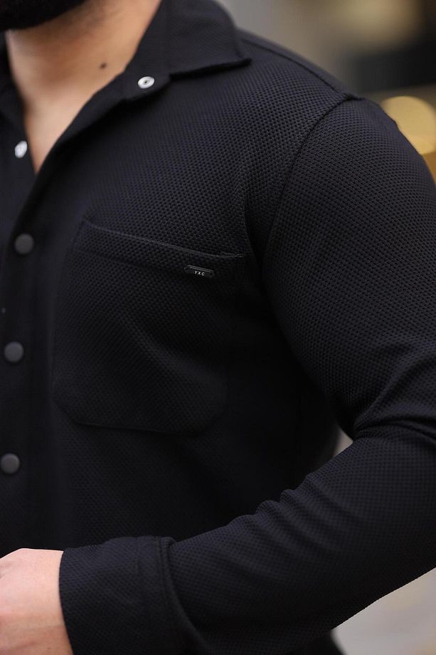 Erkek Siyah Slim Fit Çift Cep Detaylı Örme Gömlek - 3