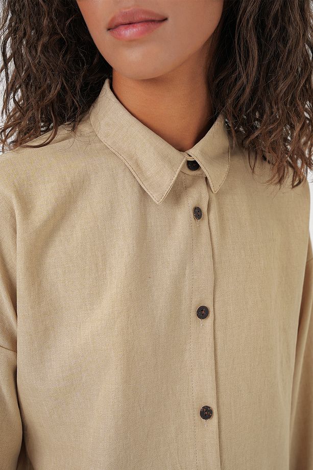 Kadın Bej Oversize Keten Alt Üst Takım 6622 - 4