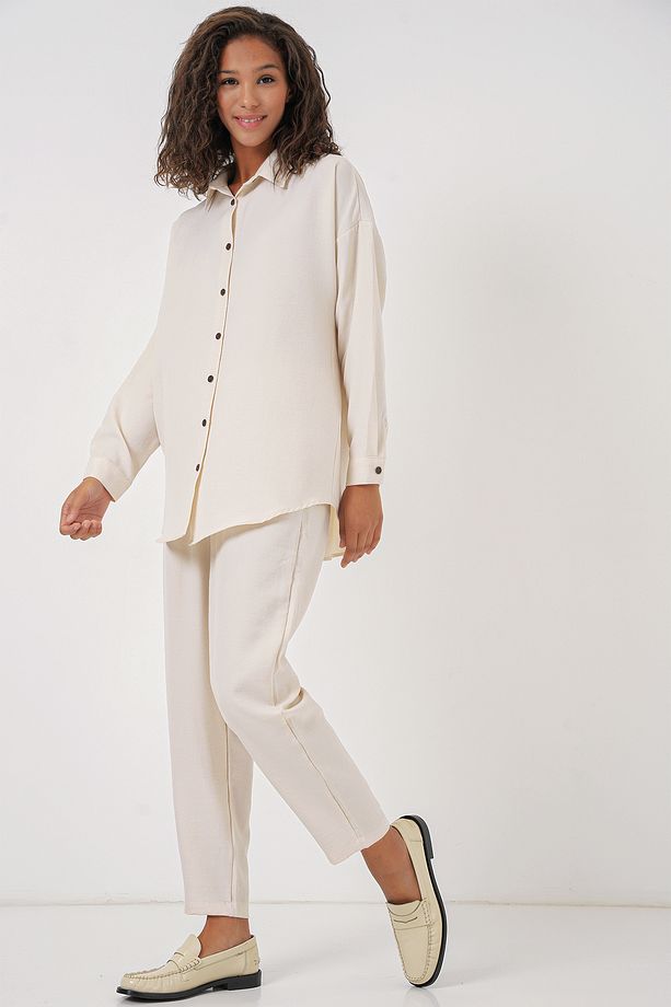 Kadın Ekru Oversize Keten Alt Üst Takım 6622 - 4