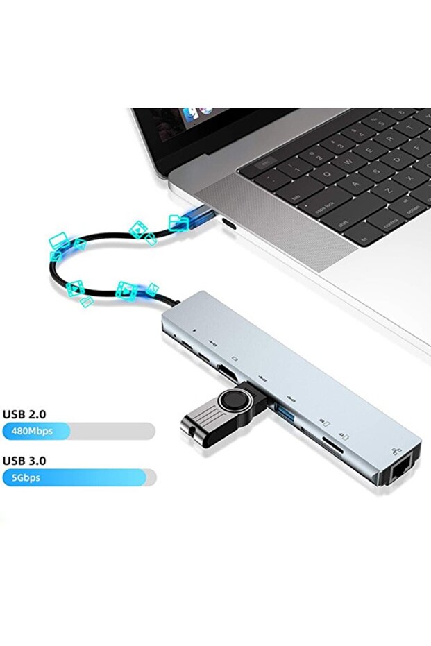 8 Port Usb 8in1 3.0 Type-C Hdmi 3XUSB+2 PD) RJ45 Hub Adaptör Çoklayıcı TF SD Kart GRI - 8