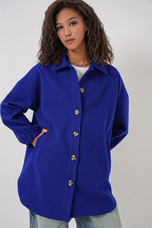0674 Cepli Oversize Gömlek - Saks - 3