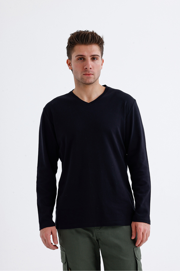 V Yaka Basic Uzun Kol T-Shirt - 1