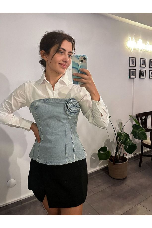 Gül ve Yırtmaç Detaylı Kot Straplez  Bluz-32 - Mavi - 6