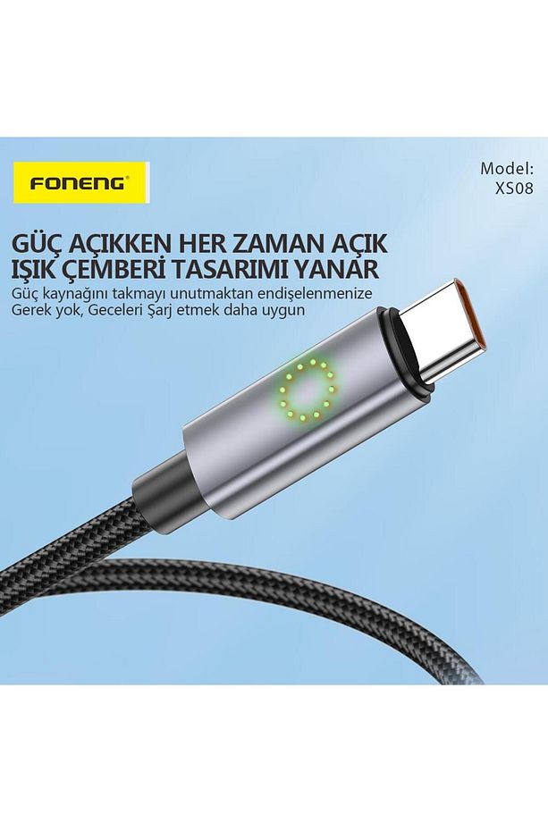 çağur XS08 27W Led Işıklı PD Type-c to Lightning Şarj Data Kablosu İp Örgülü 1,2 YENİ 110 - 2