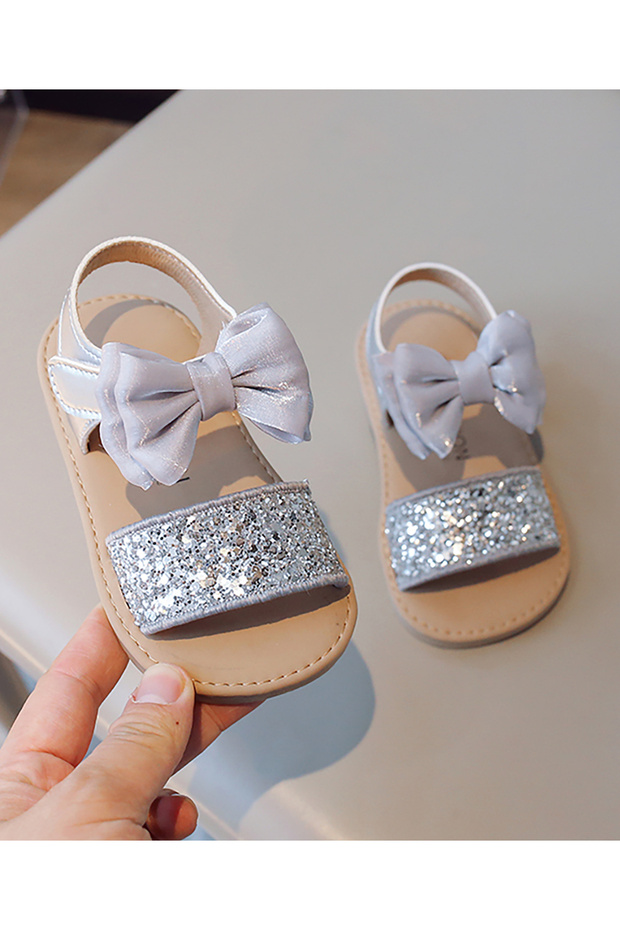 Bow Accent & Glitter Embellished Hook & Loop Closure Sandals - Silver - 4