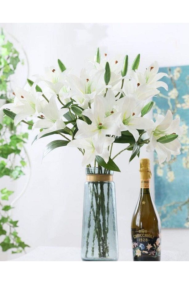 3lü Set Yapay Çiçek Beyaz Lilyum 3 Kafalı Uzun Dal Çiçek Zambak Lily Flowers 80cm - 3