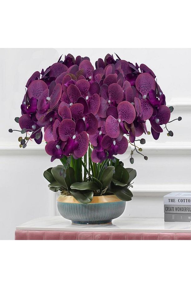 4lü Set Yapay Çiçek Koyu Mor Islak Orkide ve 2 Adet Orkide Yaprağı Gerçeksi Doku Uzun Dal 90cm - 6