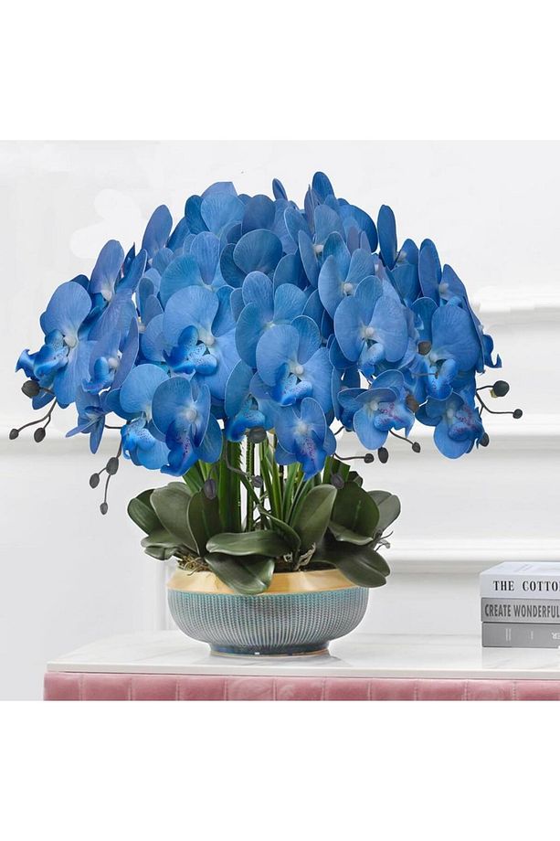 4lü Set Yapay Çiçek Mavi Islak Orkide ve 2 Adet Orkide Yaprağı Gerçeksi Doku Uzun Dal 90cm - 6