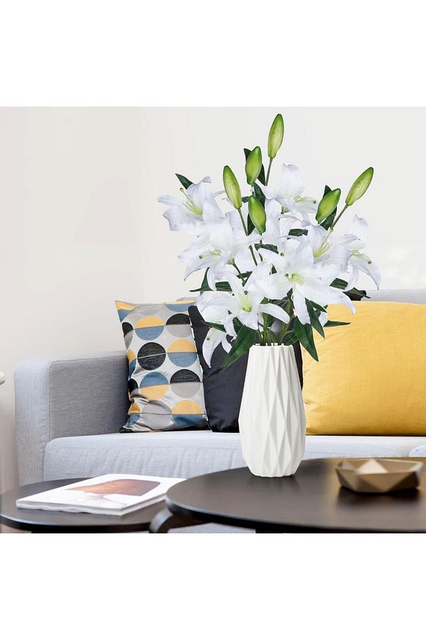 3lü Set Yapay Çiçek Beyaz Lilyum 3 Kafalı Uzun Dal Çiçek Zambak Lily Flowers 80cm - 4