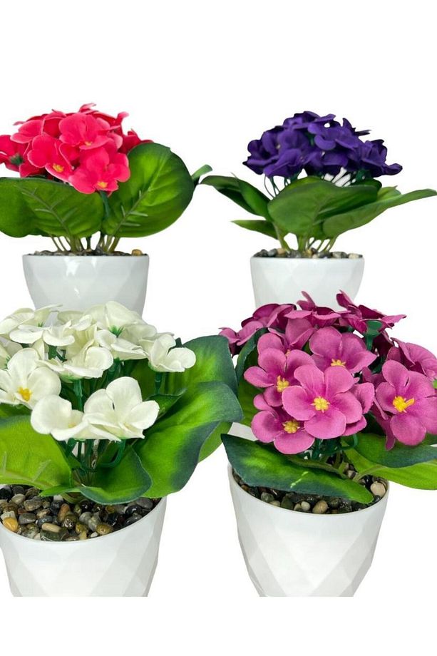 4lü Set Yapay Çiçek Kadife Menekşe Beyaz Saksıda Gerçekçi Doku Karışık Renkli - 3