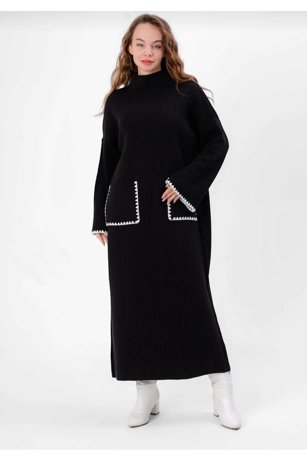 Women's Spanish Sleeve Shepherd Stitching Knitwear Dress Wide Fit Standard Size