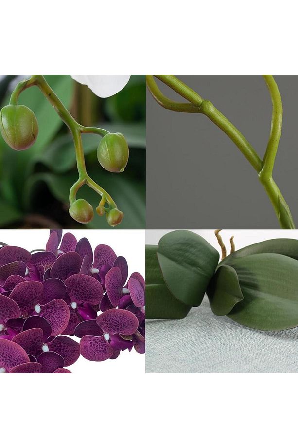 4lü Set Yapay Çiçek Koyu Mor Islak Orkide ve 2 Adet Orkide Yaprağı Gerçeksi Doku Uzun Dal 90cm - 5