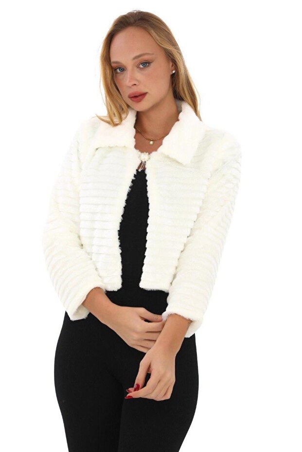 Women's White Transverse Striped Fur Lined Inside Luxury Crop Jacket