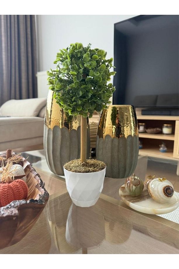 Yapay Ağaç Şimşir Top Tek Toplu 12x31cm Beyaz Saksıda - 3