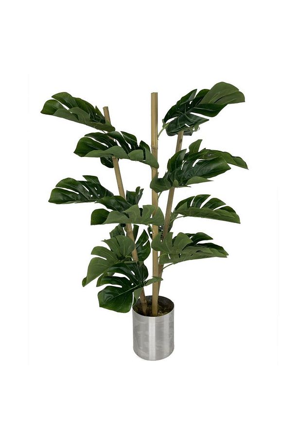 Yapay Çiçek Monstera Bambu Saplı Deve Tabanı Gümüş Saksılı Salon Çiçeği 18 Yaprak 80 Cm - 1