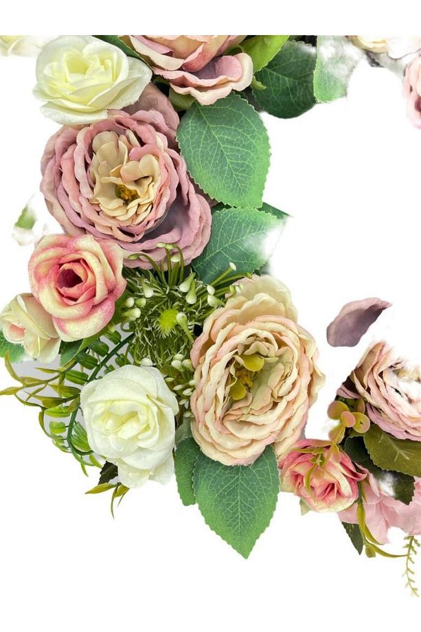 Yapay Çiçek Kapı Süsü Pastel Pembe Şakayık Güllü Yılbaşı Kapı Çelengi - 8