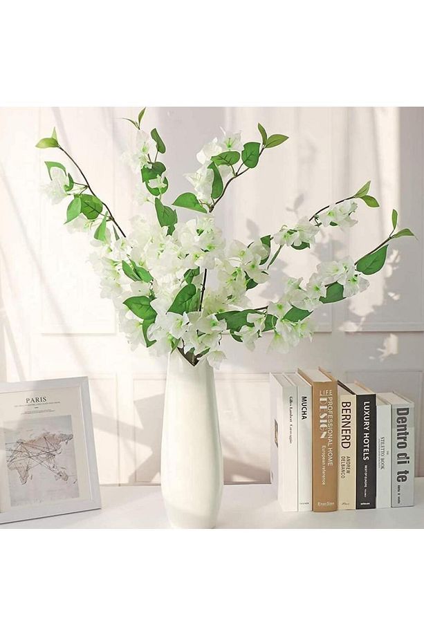 Yapay Çiçek 3Dal Begonvil Çiçeği Beyaz 80cm Tek Dal Bodrum Çiçeği Sarkan Çiçek - 1
