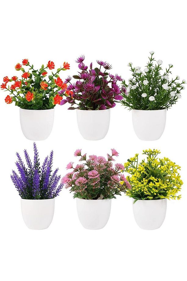 6lı Set Yapay Çiçek Beyaz Saksıda 6 Çeşit Renkli Çiçekler - 1