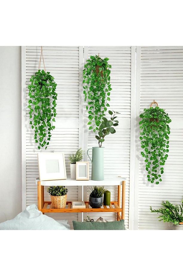 Yapay Çiçek 3 lü Set Saksıda Sarkan Sarmaşık Hedera Oval ve Yuvarlak Yapraklı Modeller - 3