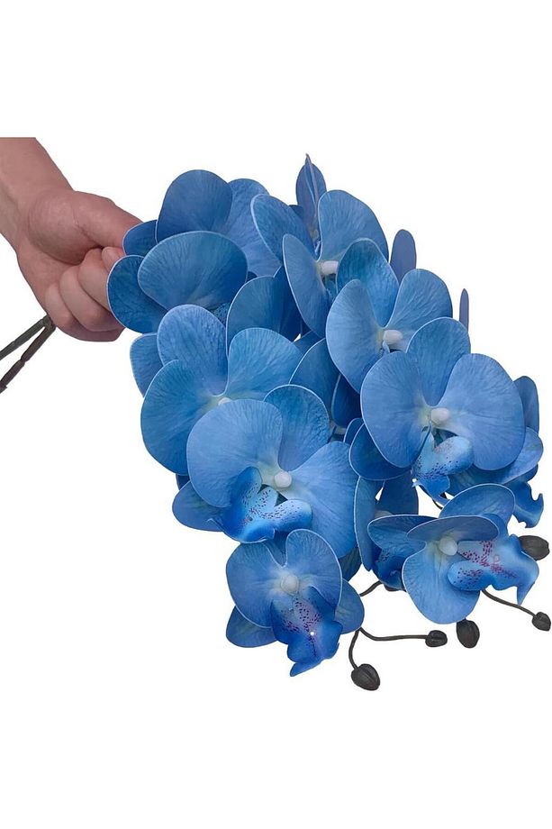 4lü Set Yapay Çiçek Mavi Islak Orkide ve 2 Adet Orkide Yaprağı Gerçeksi Doku Uzun Dal 90cm - 5
