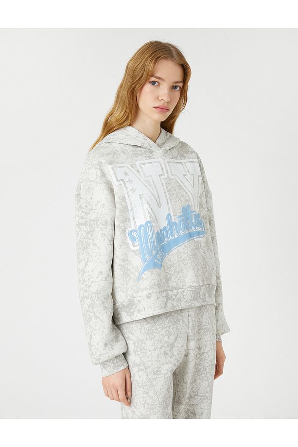 Şardonlu Kapüşonlu Sweatshirt Kolej Baskılı Uzun Kollu - 3