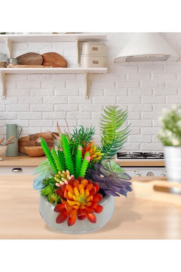 Yapay Çiçek Kaktüs Sukulent Aranjmanı Mokka Renk Plastik Saksıda 10 adet Karışık Model Skulent - 4