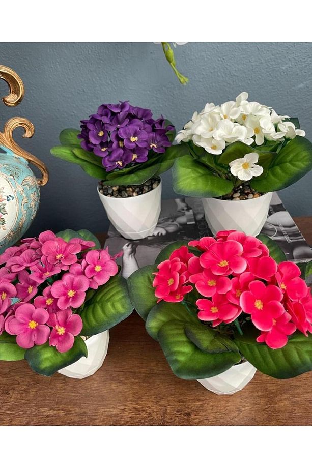 4lü Set Yapay Çiçek Kadife Menekşe Beyaz Saksıda Gerçekçi Doku Karışık Renkli - 6
