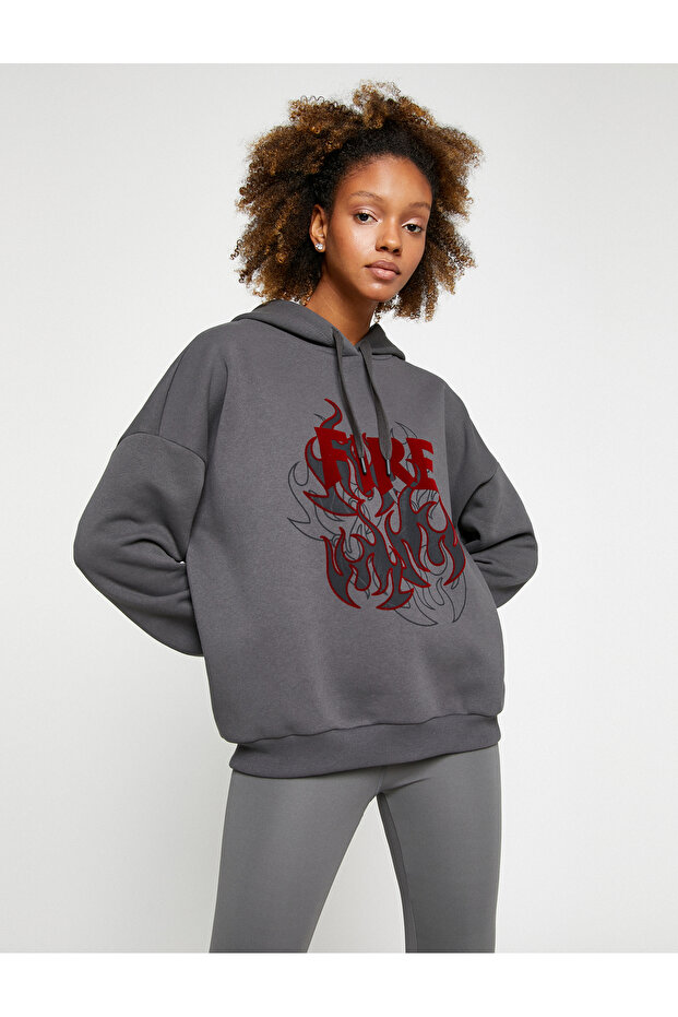 Warm Hooded Slogan Printed Ribbed Sports Sweatshirt