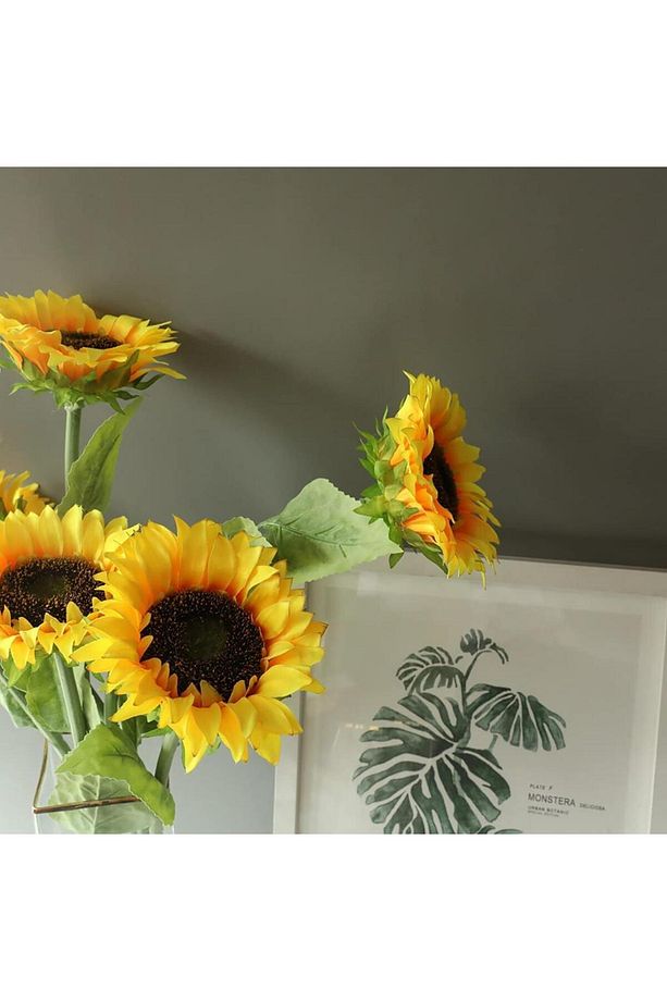 Yapay Çiçek Ayçiçeği Sarı Sunflower Dekoratif Çiçek 90cm Dev Ay Çiçeği 3 Kafalı - 3