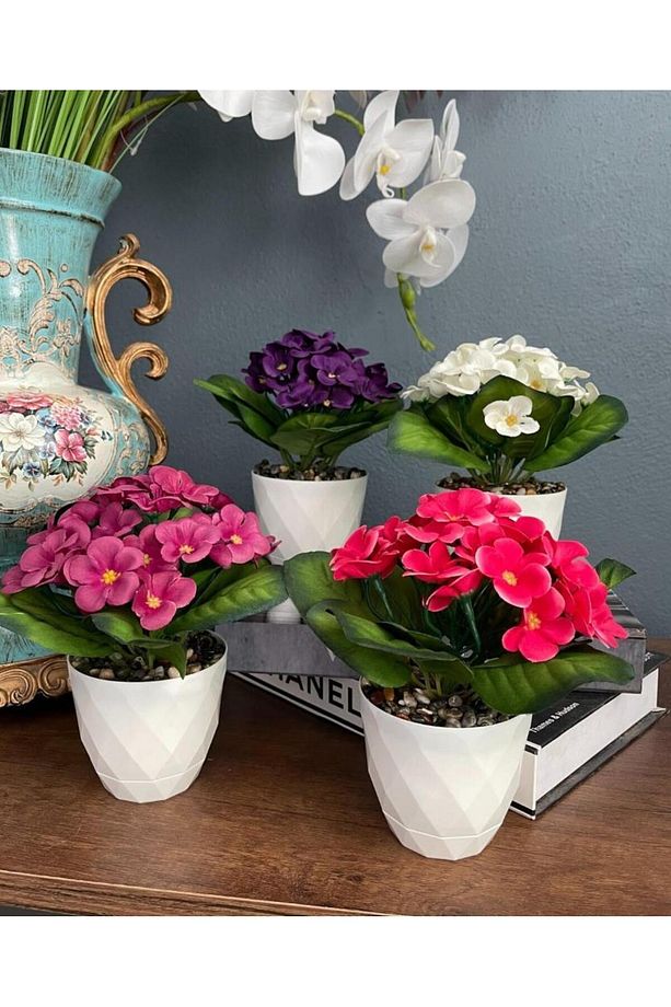 4lü Set Yapay Çiçek Kadife Menekşe Beyaz Saksıda Gerçekçi Doku Karışık Renkli - 5