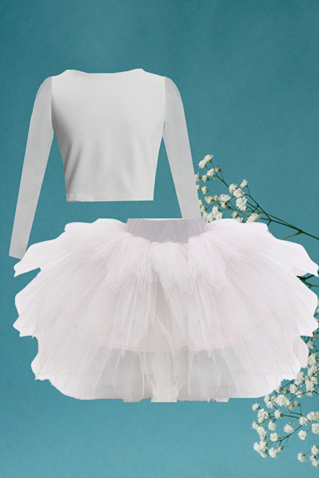 Children's Long Sleeve Crop and Tutu Skirt Set - 1-10 Years - White