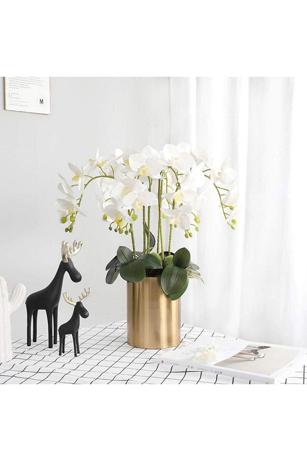 4lü Set Yapay Çiçek Beyaz Islak Orkide ve 2 Adet Orkide Yaprağı Gerçeksi Doku Uzun Dal 90cm - 2