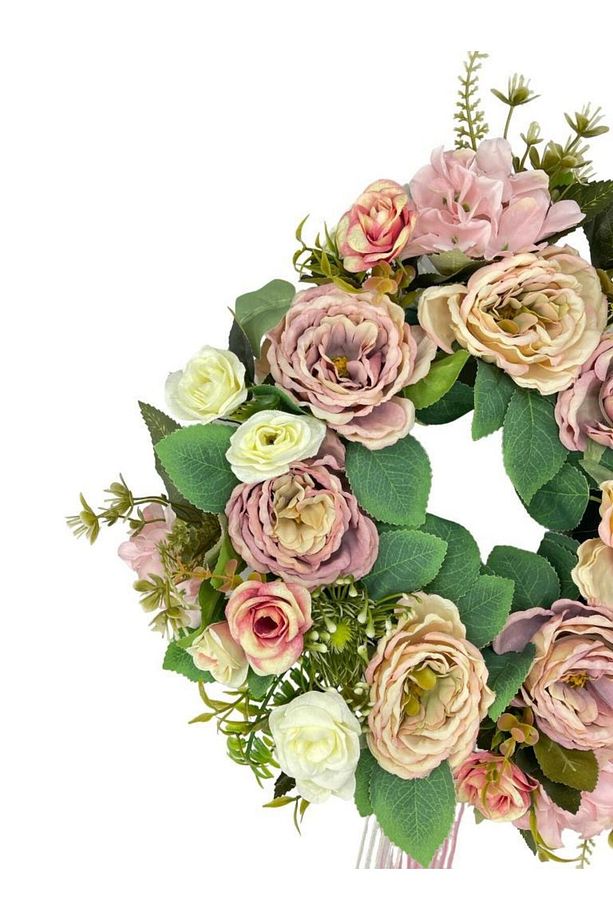 Yapay Çiçek Kapı Süsü Pastel Pembe Şakayık Güllü Yılbaşı Kapı Çelengi - 6