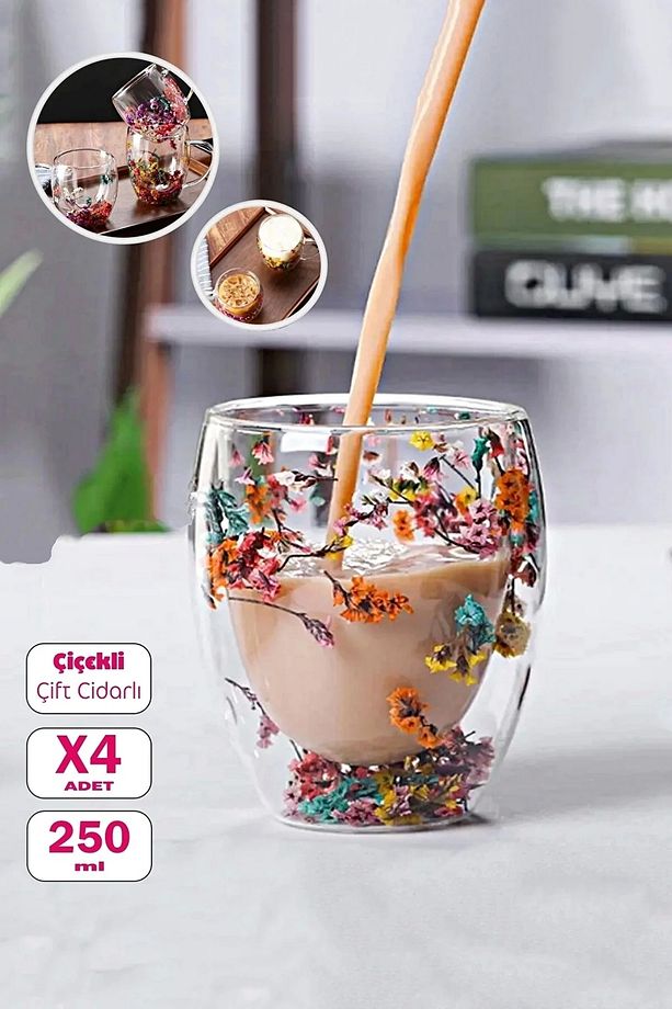4'lü Çift Cidarlı Çiçekli Bardak 250ml El Yapımı Flower Cup Borosilikat Çay Kahve Sunum Bardağı - 1