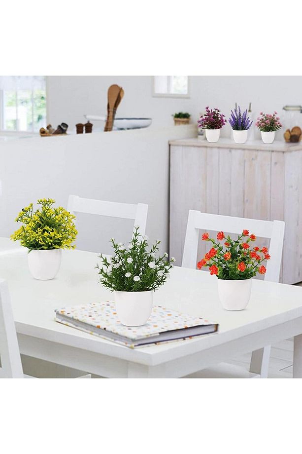 6lı Set Yapay Çiçek Beyaz Saksıda 6 Çeşit Renkli Çiçekler - 5