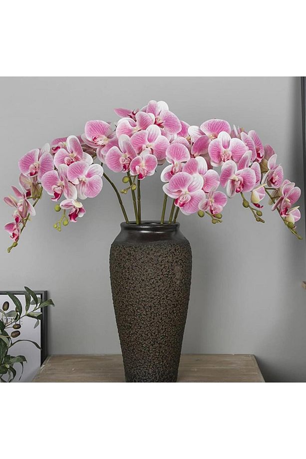 4lü Set Yapay Çiçek Pembe Açık Islak Orkide ve 2 Adet Orkide Yaprağı Gerçeksi Doku Uzun Dal 90cm - 3
