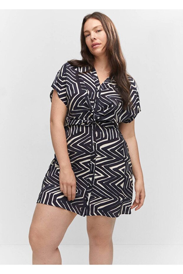 Tropikal Gömlek Yakalı Elbise - 8