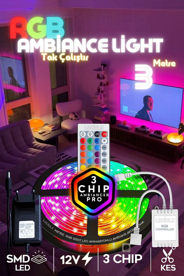 Rgb Led Tak Çalıştır 16 Renkli 4 Animasyonlu Tv Arkası Led Yatak Odası Led Bilgisayar Led 3metre - 1