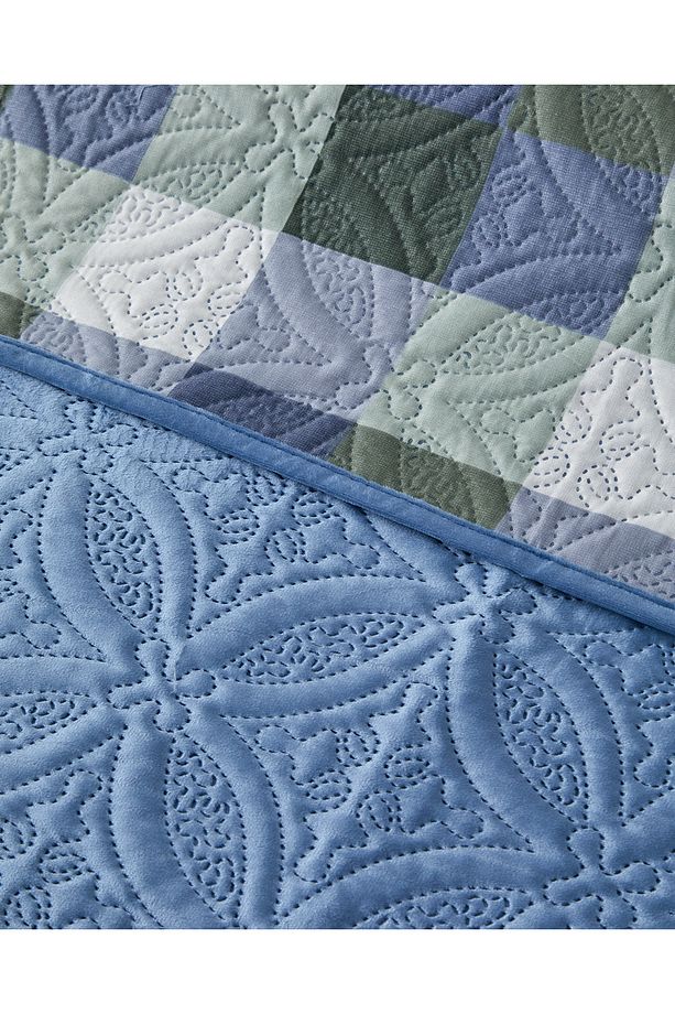 Ornate Check Çift Taraflı Kadife Tek Kişilik Yatak Örtüsü Takımı Koyu Mavi - 3