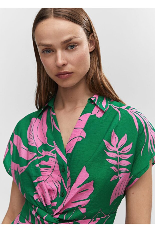 Tropikal Gömlek Yakalı Elbise - 6