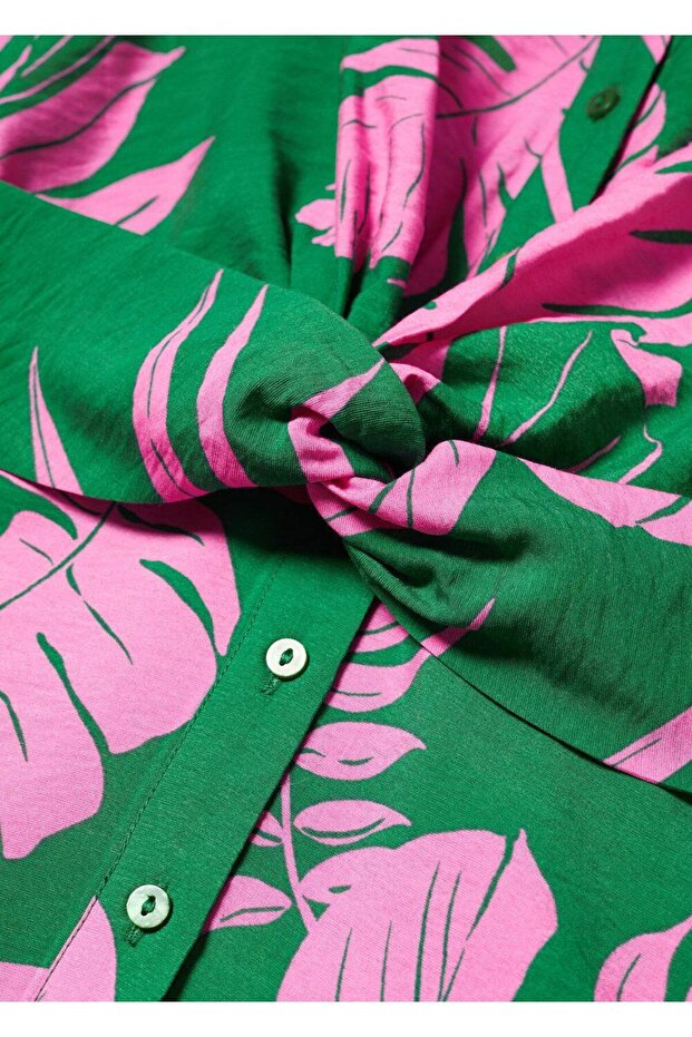 Tropikal Gömlek Yakalı Elbise - 5