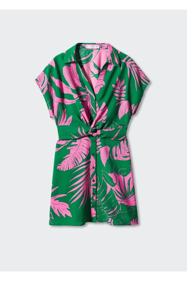 Tropikal Gömlek Yakalı Elbise - 3