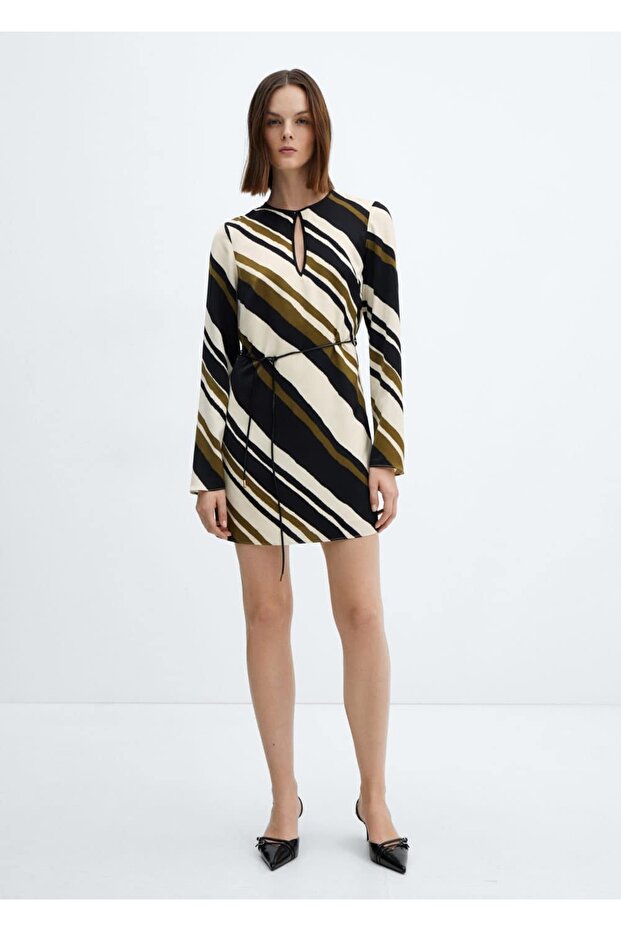 Kemerli çizgili elbise - 2
