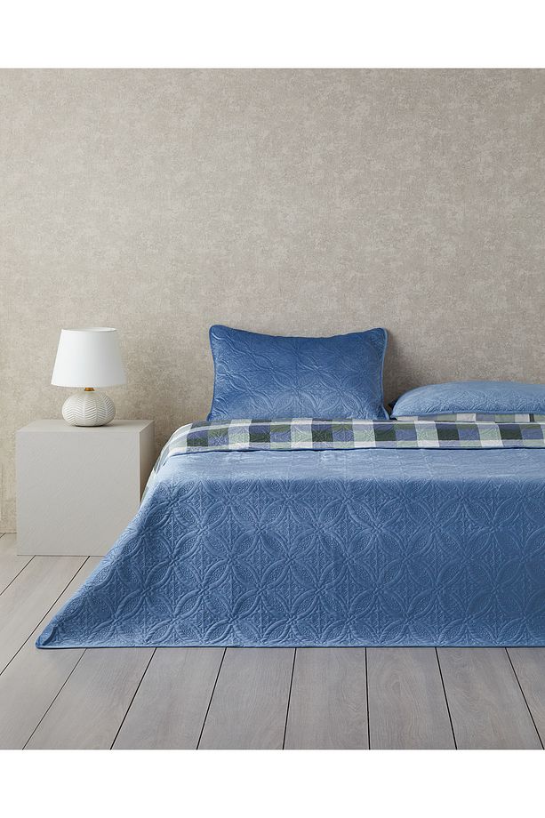 Ornate Check Çift Taraflı Kadife Tek Kişilik Yatak Örtüsü Takımı Koyu Mavi - 1