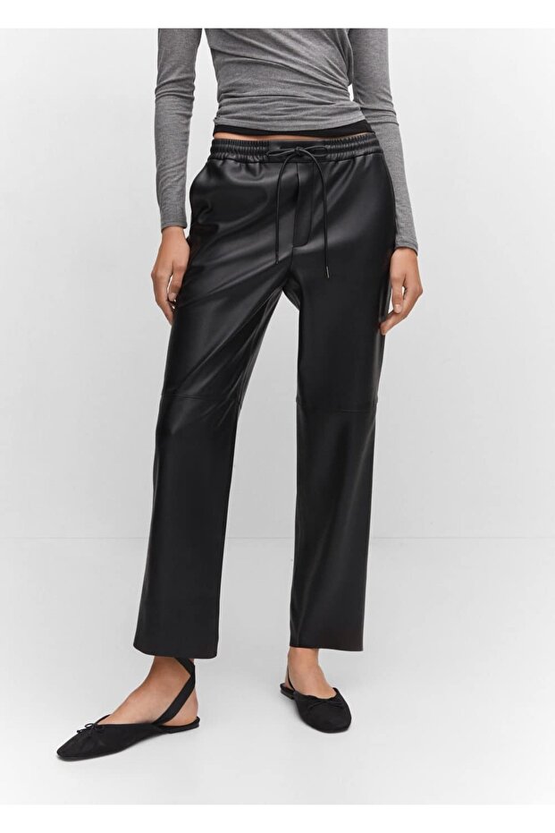 Deri görünümlü beli elastik pantolon - 1