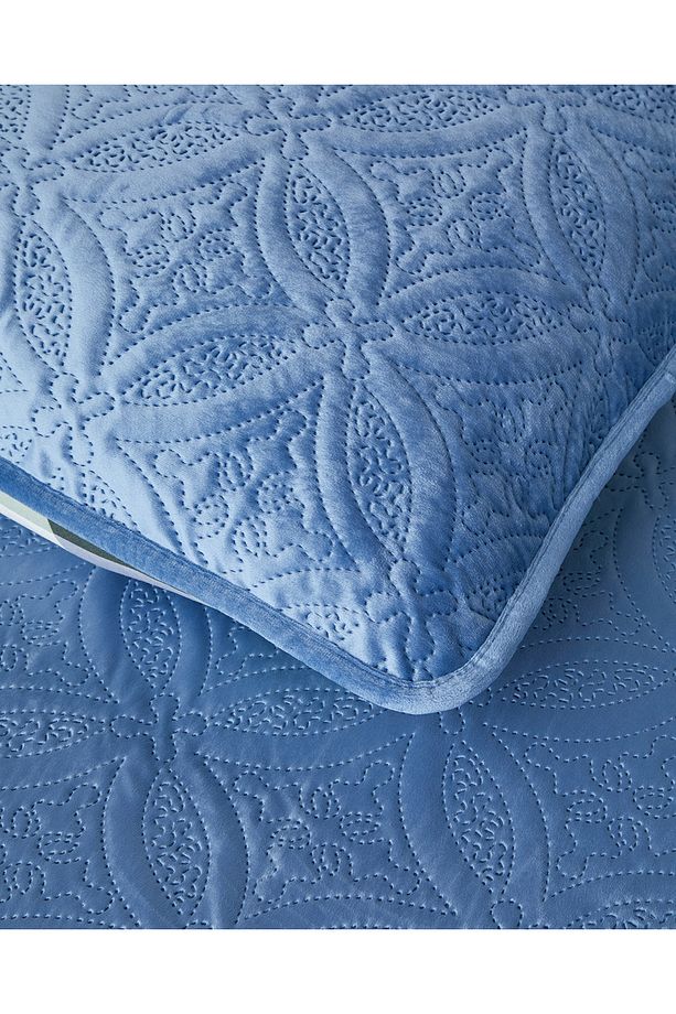 Ornate Check Çift Taraflı Kadife Tek Kişilik Yatak Örtüsü Takımı Koyu Mavi - 4