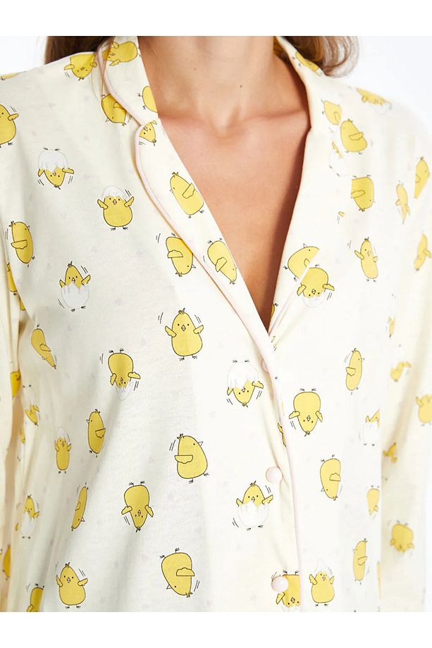 LCW DREAM Ekru Gömlek Yaka Desenli Hamile Pijama Takımı - 3
